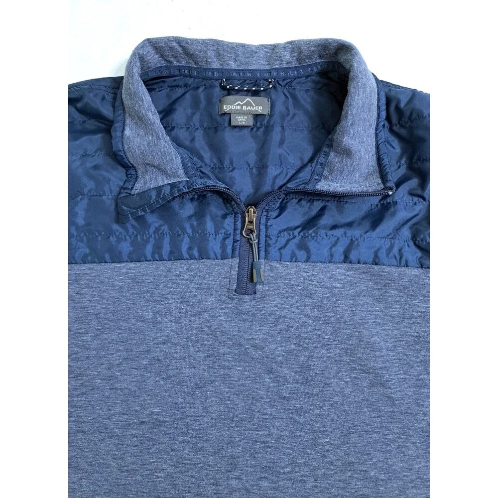 Eddie Bauer Men's Large Mixed Media Zip Pullover Blue Fleece Sweater Trail